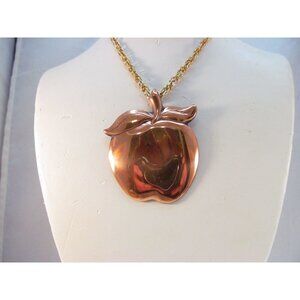 Vintage Coppercraft Guild Copper Apple Pendant with Gold Tone Chain Necklace